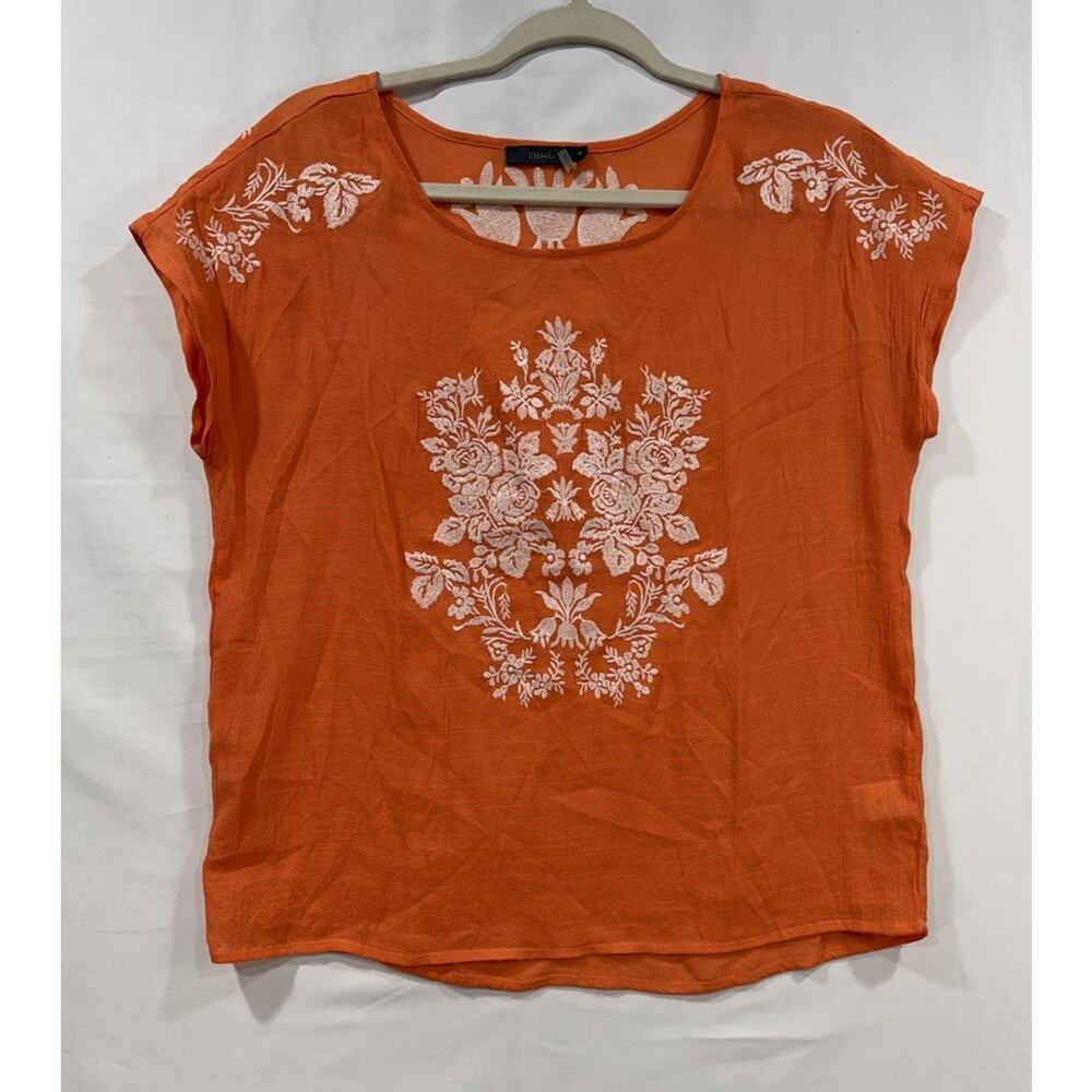 THML Boho Festival Peasant Top Women's Blouse Size M Embroidered Orange Babydoll